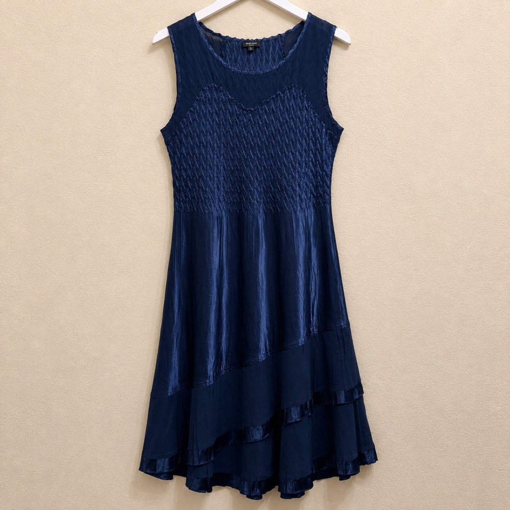 Komarov Hand Pleated Charmeuse Crinkle Waterfall Midi Dress Size Large Navy Blue